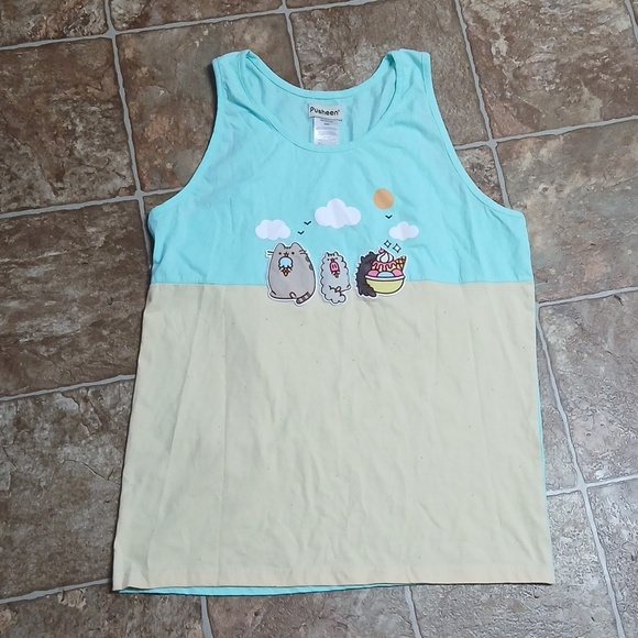 Pusheen Tops - NWT Pusheen Aqua and Cream Beach Scene Womens Tank Top Size Med